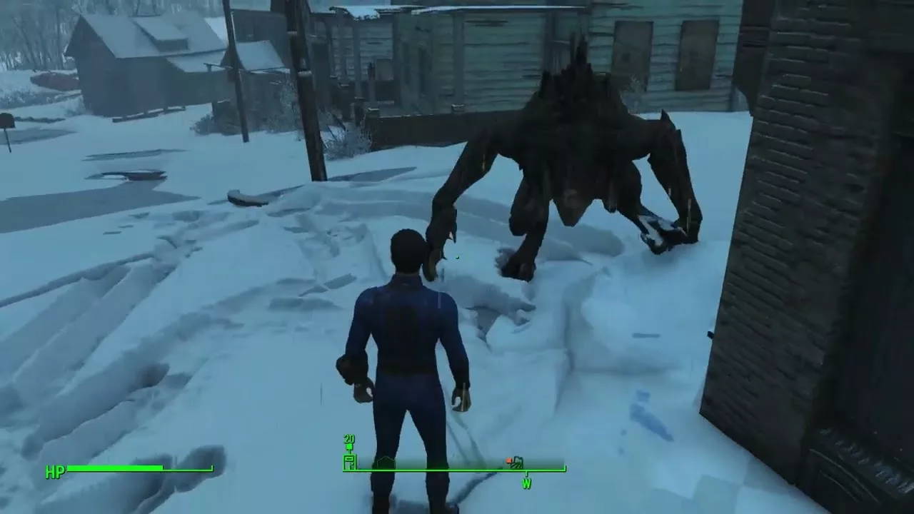 Deathclaw Print and Fire melts Snow(作者 Asciimov。デスクローの足跡と火で溶ける雪)